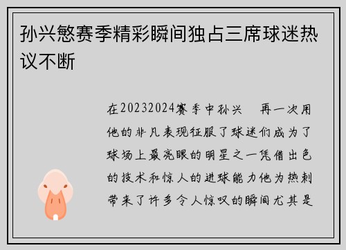 孙兴慜赛季精彩瞬间独占三席球迷热议不断
